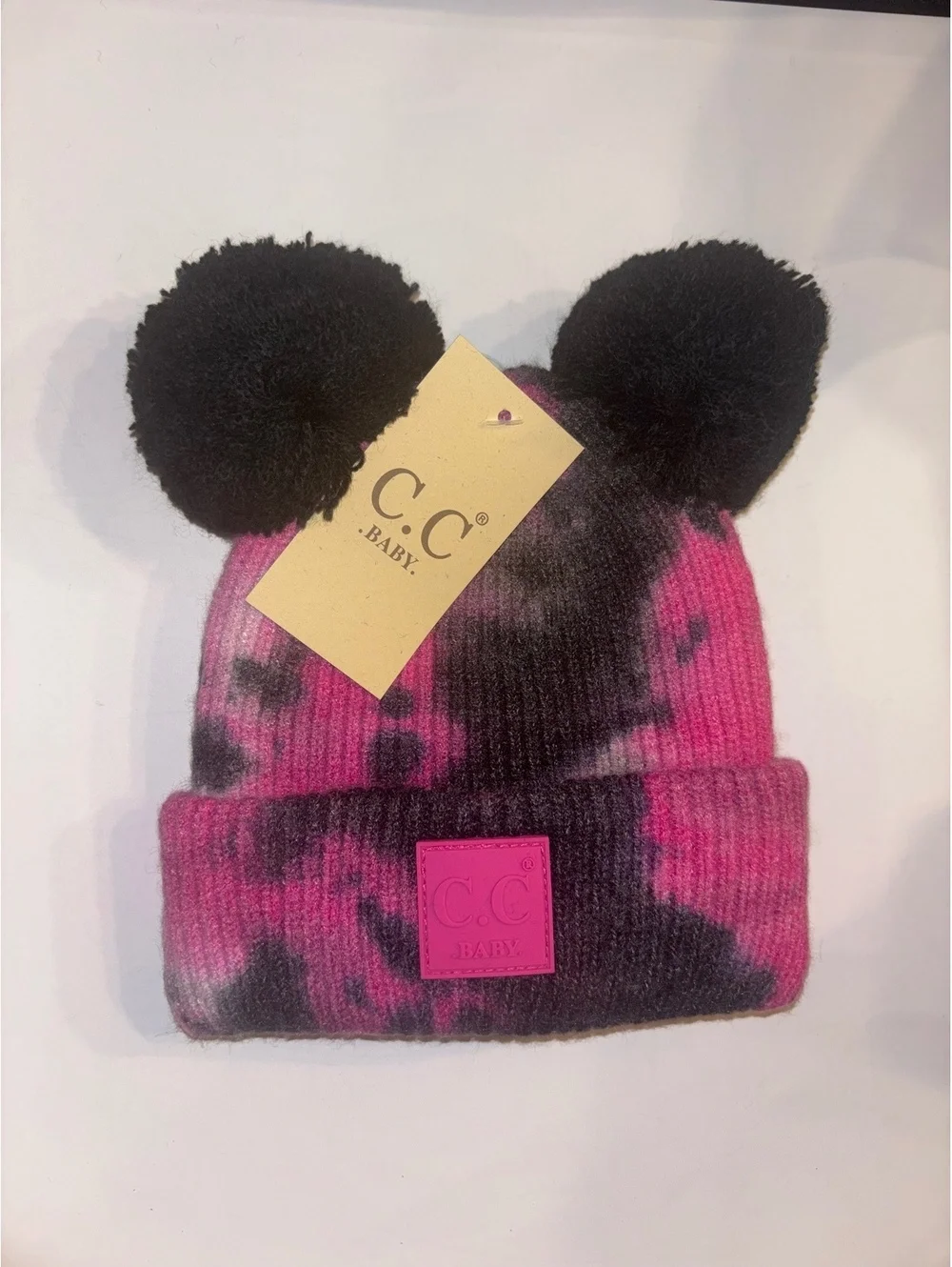 C.C Baby Hot Pink Black Double Pom Beanie Knit Winter Hat NWT One Size